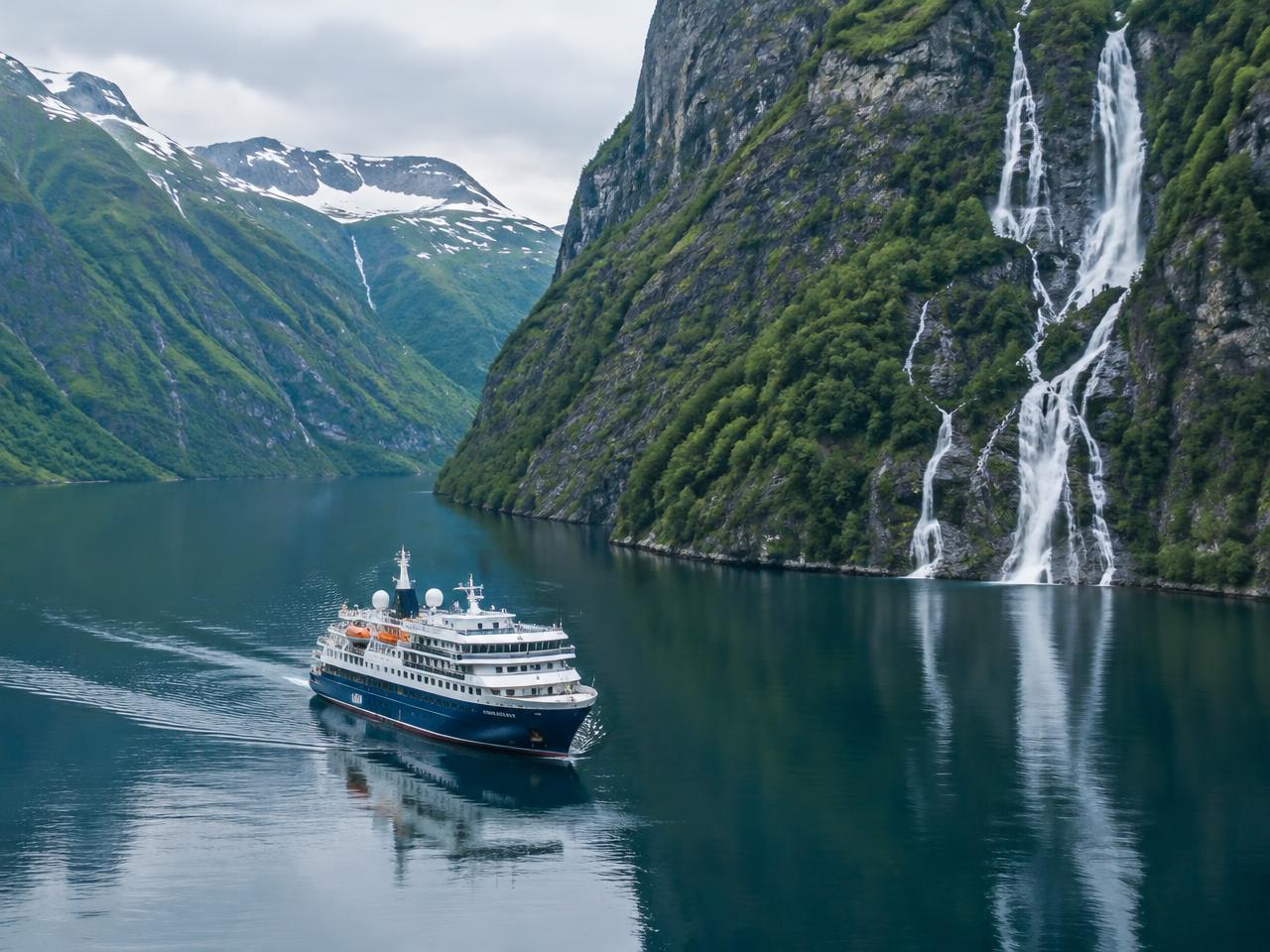 A small ship sailing through a Norwegian fjord