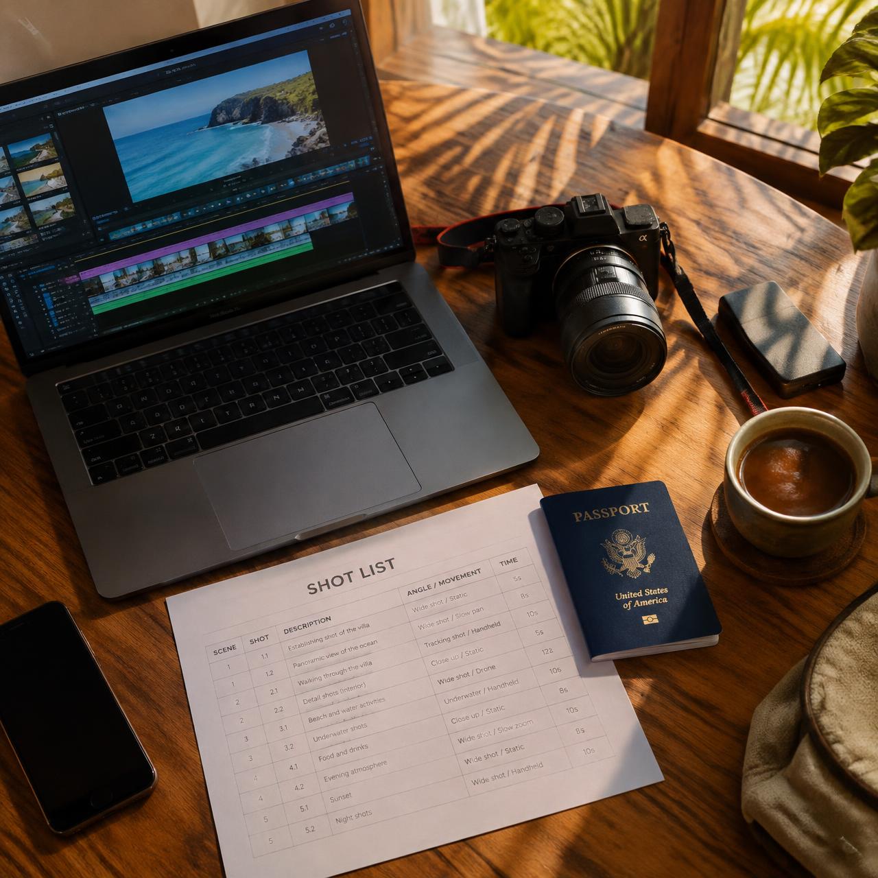 A travel creator's desk with a laptop editing timeline, camera and printed shot list
